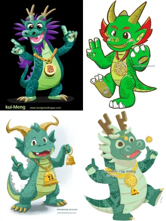 a super cute baby chinese dragon mascot named "kui xiao meng", standing proudly on the bow of a simple yangtze river cruise ship, one claw pointing forward excitedly, the other making a "v" sign. its horns and spine are colored in "kui men grey-green" rock texture. wearing a gold necklace with a bell that has simplified ancient ba-shu bronze patterns. a tiny nine-grid hot pot pendant hangs next to the bell. full body shot, vibrant colors, clean background, in a modern cartoon style