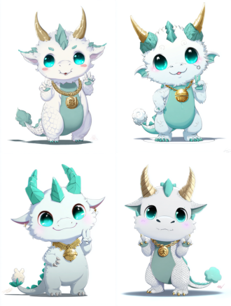 a super cute baby chinese dragon mascot, full body shot, standing. one claw is pointing forward excitedly, the other claw is making a peace sign. the dragon has a round head, huge friendly eyes, and a playful smile. its horns and spine ridge are colored in a grey-green rock texture. its body is covered in soft, pearl-white scales. it is wearing a gold necklace with a bell that has simplified ancient chinese cloud-thunder bronze patterns, and a tiny nine-grid spicy hot pot pendant hangs beside the bell. the tail tip has a fluffy cloud-like tuft. vibrant colors, modern cartoon style, character design sheet, white background.