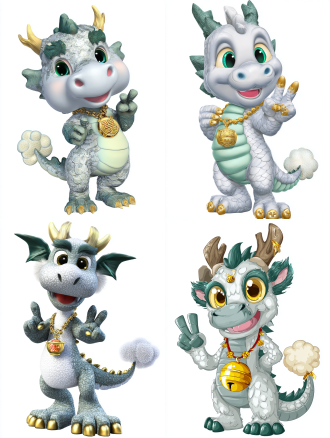 a super cute baby chinese dragon mascot, full body shot, standing. one claw is pointing forward excitedly, the other claw is making a peace sign. the dragon has a round head, huge friendly eyes, and a playful smile. its horns and spine ridge are colored in a grey-green rock texture. its body is covered in soft, pearl-white scales. it is wearing a gold necklace with a bell that has simplified ancient chinese cloud-thunder bronze patterns, and a tiny nine-grid spicy hot pot pendant hangs beside the bell. the tail tip has a fluffy cloud-like tuft. vibrant colors, modern cartoon style, character design sheet, white background.
