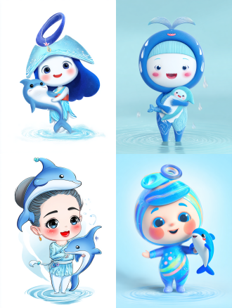 三峡生态精灵，q版卡通形象，湖水蓝色身体带江豚流线纹理，头戴三峡大坝弧形发饰，怀抱迷你江豚玩偶，脸颊淡蓝渐变红晕，明亮大眼睛，微笑表情，清新水彩风格，浅景深，柔和自然光，半身特写，浅蓝色背景，水波光效，可爱治愈，暖色调，3d渲染，高饱和度，圆润线条，萌系比例