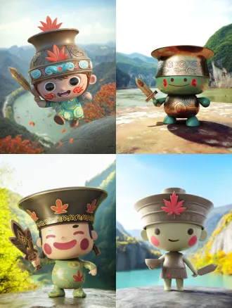 q版卡通形象，三峡文化精灵，青铜釜小帽刻巴渝云雷纹，哑光质感，半透明水绿流体身体带云雷纹，手持迷你青铜剑，脸颊巫山红叶红晕，活泼微笑，山水背景，三峡风光，卡通渲染，明亮色彩，柔光，仰角镜头，3d风格，动态姿势，传统文化元素，欢乐氛围