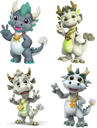 a super cute baby chinese dragon mascot, full body shot, standing. one claw is pointing forward excitedly, the other claw is making a peace sign. the dragon has a round head, huge friendly eyes, and a playful smile. its horns and spine ridge are colored in a grey-green rock texture. its body is covered in soft, pearl-white scales. it is wearing a gold necklace with a bell that has simplified ancient chinese cloud-thunder bronze patterns, and a tiny nine-grid spicy hot pot pendant hangs beside the bell. the tail tip has a fluffy cloud-like tuft. vibrant colors, modern cartoon style, character design sheet, white background.
