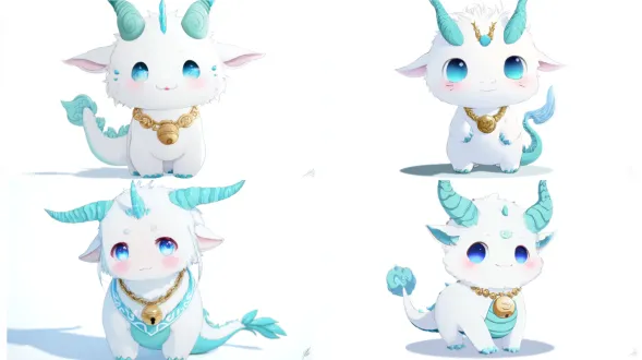 8k ultra-high-definition, masterpiece-quality, official art style, full-body portrait, pure white background, high contrast, sharp details, two-dimensional q-version little dragon, round and soft body, pure white fur, gradient blue eyes (with the texture of three gorges water ripples), pink gradient blush, minimalist facial features, smooth blue dragon horns (with the texture of kui gate stone patterns), gold necklace with tiger-shaped bell and hotpot pendant, blue cloud tail (with the stream lines of three gorges mist), modern chinese cute style, flat design, no shadows, no gradients, vector art sense, bashu culture texture (embroidery pattern on the chest), natural hand-held mini kui gate scenic area map, soft diffused light, ultra-cute atmosphere