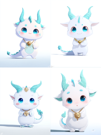 8k超高清，杰作品质，官方艺术风格，全身肖像，纯白背景，高对比度，锐利细节，二次元q版小龙，圆润柔软身体，纯白毛发，渐变蓝眼（三峡水波纹纹理），粉红渐变腮红，极简五官，光滑蓝龙角（夔门石纹纹理），金色虎形铃铛火锅吊坠项链，蓝色云尾（三峡雾流线），现代中国可爱风，扁平设计，无阴影，无渐变，矢量艺术感，巴蜀文化纹理（胸前刺绣图案），手持迷你夔门景区地图，柔和漫射光，超萌氛围