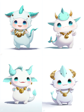 胖乎乎的小龙宝宝戴着可爱的长江江豚帽子，江豚帽子笑脸流线型身材，全身照，珍珠白鳞片，一手向前指一手比剪刀手，金色项链带青铜铃铛和火锅吊坠，明亮色彩，角色设计，纯白背景，高清晰度，柔和光线，快乐表情，明亮色调，3d渲染，卡通风格，活泼动作，简洁构图，可爱氛围