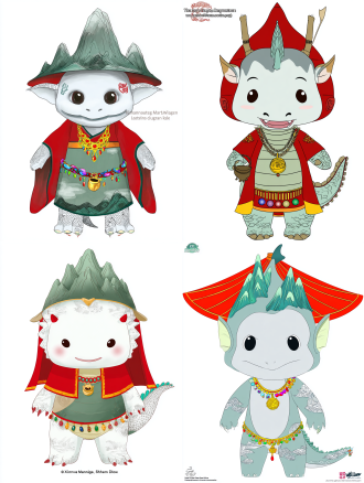 ultimate mascot "xia jiang meng zhu", a cute baby chinese dragon standing straight and still, front view, full body. wearing an adorable smiling yangtze river dolphin hat. white scales with subtle ink-wash qutang gorge mountain silhouettes. spine is a grey-green "kui men" rock mountain range. a flowing red goddess peak cloak on shoulders. gold necklace with bronze-pattern bell and tiny hot pot pendant. waist chain of colorful three gorges stones. simple standing pose, cute, vibrant colors, character design sheet, pure white background.