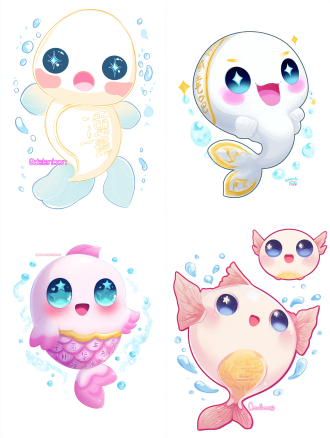 an ultra cute mascot character, a chibi stone fish spirit named "liang bao". 2-head body ratio, extremely large round head, big blue eyes with massive star-shaped highlights, tiny round open mouth, soft pink blush on cheeks. body is a smooth oval shape with jade-like and soft vinyl texture. a golden smiling wavy water line on its side. faint, child-like calligraphy patterns on its body. rounded fins and a cute heart-shaped tail. floating pose, surrounded by sparkling water droplets. pure white background, vibrant colors, modern cartoon style.