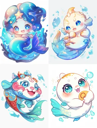 an ultra cute mascot character, a chibi stone fish spirit named "liang bao". 2-head body ratio, extremely large round head, big blue eyes with massive star-shaped highlights, tiny round open mouth, soft pink blush on cheeks. body is a smooth oval shape with jade-like and soft vinyl texture. a golden smiling wavy water line on its side. faint, child-like calligraphy patterns on its body. rounded fins and a cute heart-shaped tail. floating pose, surrounded by sparkling water droplets. pure white background, vibrant colors, modern cartoon style.