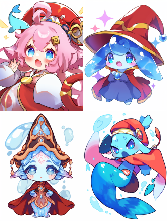 chibi water spirit wearing a cute stone fish hat, translucent blue body, huge blue eyes, o-shaped mouth, pink blush, red cloak, stone texture hat with golden line, white background.