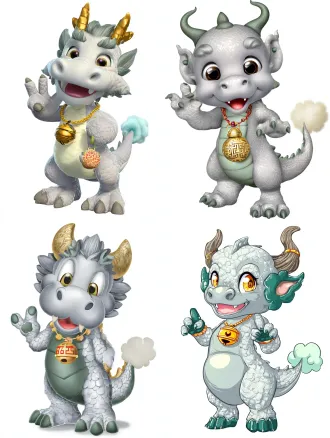 a super cute baby chinese dragon mascot, full body shot, standing. one claw is pointing forward excitedly, the other claw is making a peace sign. the dragon has a round head, huge friendly eyes, and a playful smile. its horns and spine ridge are colored in a grey-green rock texture. its body is covered in soft, pearl-white scales. it is wearing a gold necklace with a bell that has simplified ancient chinese cloud-thunder bronze patterns, and a tiny nine-grid spicy hot pot pendant hangs beside the bell. the tail tip has a fluffy cloud-like tuft. vibrant colors, modern cartoon style, character design sheet, white background.