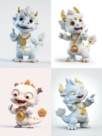 超级可爱的中国小龙吉祥物，全身站立，一只爪子兴奋前指，另一只爪子比出剪刀手，圆头大眼，顽皮笑容，灰绿色岩石质感的角和脊背，珍珠白柔软鳞片，佩戴金色铃铛项链，铃铛上有云雷纹青铜图案，配小九宫格麻辣火锅吊坠，尾巴尖有蓬松云状毛簇，现代卡通风格，角色设计图，白色背景，鲜艳色彩，3d渲染，高细节，柔光，生动表情，对称构图，商业插画风格，正面视角，干净线条。