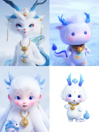 8k超高清，杰作级品质，官方艺术风格，全身像，纯白背景，高对比度，细节锐利，二头身q版小龙，圆润柔软身躯，纯白毛发，渐变蓝大眼（三峡水纹质感），粉红渐变腮红，极简面部特征，光滑青蓝龙角（夔门石纹质感），金项链配虎形铃铛和火锅挂饰，青蓝云朵尾巴（三峡雾气流线），现代中国可爱风，扁平设计，无阴影，无渐变，矢量艺术感，巴渝文化纹理（胸口刺绣图案），自然手持迷你夔门景区地图，柔和漫射光，超萌氛围