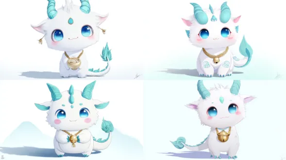 8k超高清，杰作级品质，官方艺术风格，全身像，纯白背景，高对比度，细节锐利，二头身q版小龙，圆润柔软身躯，纯白毛发，渐变蓝大眼（三峡水纹质感），粉红渐变腮红，极简面部特征，光滑青蓝龙角（夔门石纹质感），金项链配虎形铃铛和火锅挂饰，青蓝云朵尾巴（三峡雾气流线），现代中国可爱风，扁平设计，无阴影，无渐变，矢量艺术感，巴渝文化纹理（胸口刺绣图案），自然手持迷你夔门景区地图，柔和漫射光，超萌氛围