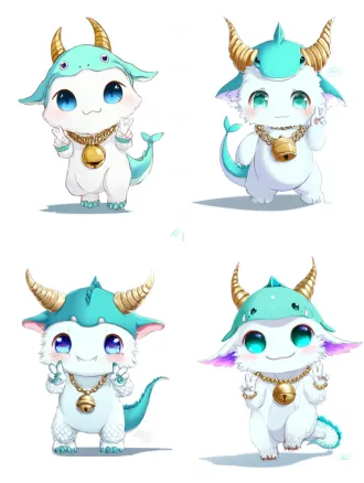 chibi baby dragon character wearing an adorable yangtze river dolphin hat, the dolphin hat has a smiling face and sleek body shape, full body shot, dragon has pearl-white scales, pointing forward with one hand, peace sign with other, gold necklace with bronze bell and hot pot pendant, vibrant colors, character design, white background