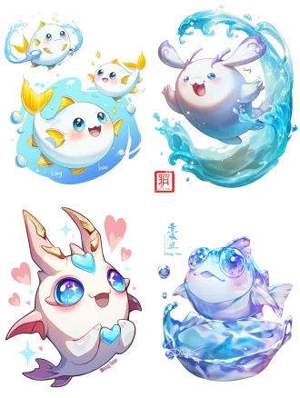 an ultra cute mascot character, a chibi stone fish spirit named "liang bao". 2-head body ratio, extremely large round head, big blue eyes with massive star-shaped highlights, tiny round open mouth, soft pink blush on cheeks. body is a smooth oval shape with jade-like and soft vinyl texture. a golden smiling wavy water line on its side. faint, child-like calligraphy patterns on its body. rounded fins and a cute heart-shaped tail. floating pose, surrounded by sparkling water droplets. pure white background, vibrant colors, modern cartoon style.