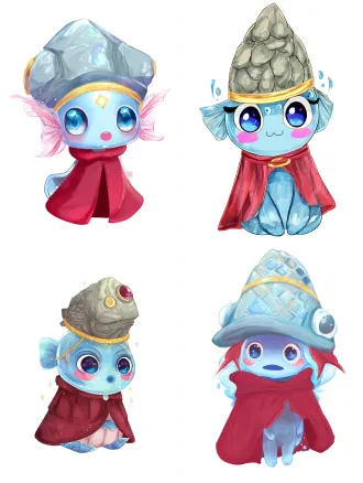 chibi water spirit wearing a cute stone fish hat, translucent blue body, huge blue eyes, o-shaped mouth, pink blush, red cloak, stone texture hat with golden line, white background.