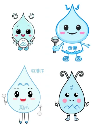 8k, masterpiece, best quality, official art, full body shot, plain white background, simple line art, flat design, no shadows, no color gradients, clean lines cute cartoon character (shuixiaoxia), 2.5-heads tall, round water drop shape body (top wide bottom narrow, 3 smooth curves outline, no edges), light sky blue body black round eyes (no pupils, single line outline, 1/3 face size), small crescent curved smile, 2 tiny upward-curving wave-shaped horns on top of head (same line thickness as eyes) round light pink blush on both cheeks, 3 short arc white wave patterns on soles of feet simple kuimen mountain outline on chest (2 symmetrical short arcs + 1 horizontal line for river, outlined with dark sky blue), holding small water drop-shaped rattle (light sky blue round drum, 2 short straight drumsticks, "xia" character in simple line on drum surface) modern chinese cute style, three gorges cultural element, minimal details, ultra-adorable, vector art vibe