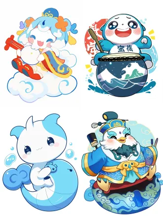 8k, masterpiece, best quality, official art, full body shot, plain white background, simple line art, flat design, no shadows, no color gradients, clean lines cute cartoon character (shuixiaoxia), 2.5-heads tall, round water drop shape body (top wide bottom narrow, 3 smooth curves outline, no edges), light sky blue body black round eyes (no pupils, single line outline, 1/3 face size), small crescent curved smile, 2 tiny upward-curving wave-shaped horns on top of head (same line thickness as eyes) round light pink blush on both cheeks, 3 short arc white wave patterns on soles of feet simple kuimen mountain outline on chest (2 symmetrical short arcs + 1 horizontal line for river, outlined with dark sky blue), holding small water drop-shaped rattle (light sky blue round drum, 2 short straight drumsticks, "xia" character in simple line on drum surface) modern chinese cute style, three gorges cultural element, minimal details, ultra-adorable, vector art vibe