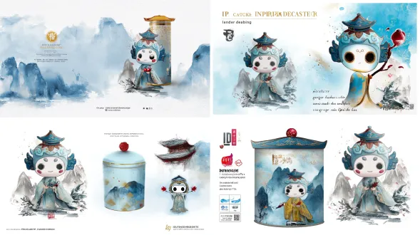 packaging design for three gorges cultural tea canister, featuring the ip character in ink-wash chinese style. the canister has a light cyan-blue ink background, with the ip figure (holding red leaf, wearing golden cloud-patterned robe, and a stilted building hat) as the main element. the background integrates ink-wash three gorges mountains and river mist, decorated with bayu cloud patterns and camellia petals. the lid is designed as a mini stilted building, with a red glazed bead on top. the style is elegant and lively, using colors like cyan-blue, gold, and ink-gray, suitable for high-end tea gifts and cultural collections. highlight the texture of "ink smudge + gold stamping" and the visual narrative of "three gorges landscape and tea charm".