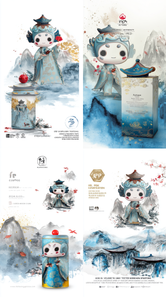 packaging design for three gorges cultural tea canister, featuring the ip character in ink-wash chinese style. the canister has a light cyan-blue ink background, with the ip figure (holding red leaf, wearing golden cloud-patterned robe, and a stilted building hat) as the main element. the background integrates ink-wash three gorges mountains and river mist, decorated with bayu cloud patterns and camellia petals. the lid is designed as a mini stilted building, with a red glazed bead on top. the style is elegant and lively, using colors like cyan-blue, gold, and ink-gray, suitable for high-end tea gifts and cultural collections. highlight the texture of "ink smudge + gold stamping" and the visual narrative of "three gorges landscape and tea charm".