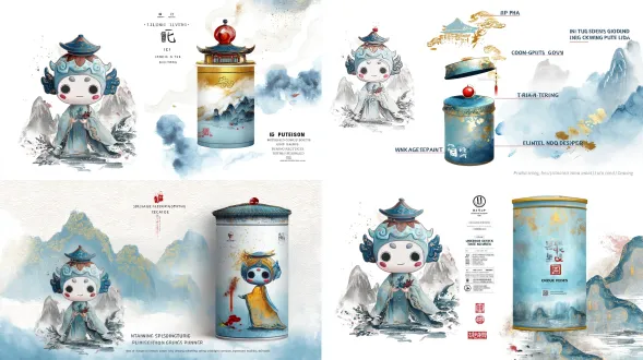 packaging design for three gorges cultural tea canister, featuring the ip character in ink-wash chinese style. the canister has a light cyan-blue ink background, with the ip figure (holding red leaf, wearing golden cloud-patterned robe, and a stilted building hat) as the main element. the background integrates ink-wash three gorges mountains and river mist, decorated with bayu cloud patterns and camellia petals. the lid is designed as a mini stilted building, with a red glazed bead on top. the style is elegant and lively, using colors like cyan-blue, gold, and ink-gray, suitable for high-end tea gifts and cultural collections. highlight the texture of "ink smudge + gold stamping" and the visual narrative of "three gorges landscape and tea charm".