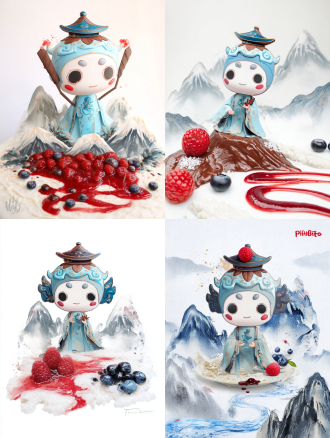 a cute dessert shaped like three gorges ip "xiabao", made of light blue glutinous rice skin, strawberry jam blush, chocolate stilted building hat, raspberry red leaf, sugar frosting cloud patterns. plated with ink-wash sugar art mountains and blueberry jam river. edible art, natural colors, whimsical