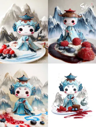 a cute dessert shaped like three gorges ip "xiabao", made of light blue glutinous rice skin, strawberry jam blush, chocolate stilted building hat, raspberry red leaf, sugar frosting cloud patterns. plated with ink-wash sugar art mountains and blueberry jam river. edible art, natural colors, whimsical,