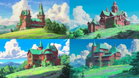 anime-style vintage castle building, red brick & weathered wooden architecture, patinated green copper spire roofs, covered with lush ivy, situated on a sunlit green grassy hill dotted with wildflowers & purple blooms, surrounded by dense green trees, distant mountains + bright blue sky with fluffy white clouds in background, ghibli-inspired art style, vibrant pastel color palette, soft warm lighting, highly detailed textures, whimsical fairy-tale atmosphere, cinematic wide shot