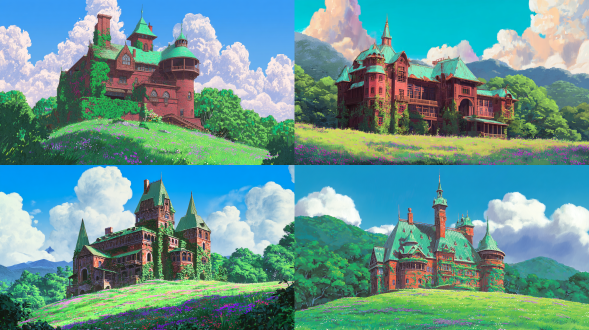 anime-style vintage castle building, red brick & weathered wooden architecture, patinated green copper spire roofs, covered with lush ivy, situated on a sunlit green grassy hill dotted with wildflowers & purple blooms, surrounded by dense green trees, distant mountains + bright blue sky with fluffy white clouds in background, ghibli-inspired art style, vibrant pastel color palette, soft warm lighting, highly detailed textures, whimsical fairy-tale atmosphere, cinematic wide shot