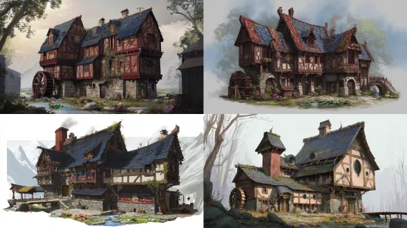 场景房屋建筑原画，奇幻复古半木结构复合建筑集群，3层错层石砌基座与橡木框架，红陶砖与风化木板混砌外墙，青灰石板与茅草坡顶，悬挑阁楼彩色菱形玻璃窗，侧连木质齿轮外露水车工坊，后接挂干草捆谷仓，雕花木门铜质门环，窗边干香草铸铁工具，爬藤常春藤牵牛花花瀑，屋顶鸟巢暖烟苔藓旧陶罐野菊，古老橡树林边缘，溪流睡莲鹅卵石浅滩，老旧木栈桥磨损木板，蕨类毒蘑菇浆果丛，远处雪山轮廓，阳光斜照晨雾弥漫，广角镜头，高细节渲染，暖冷色调对比，自然光漫反射，静谧奇幻氛围，油画质感笔触