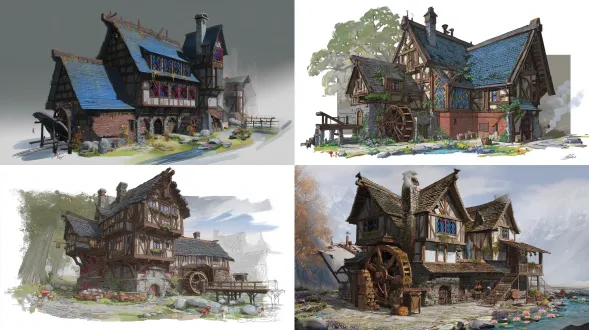 场景房屋建筑原画，奇幻复古半木结构复合建筑集群，3层错层石砌基座与橡木框架，红陶砖与风化木板混砌外墙，青灰石板与茅草坡顶，悬挑阁楼彩色菱形玻璃窗，侧连木质齿轮外露水车工坊，后接挂干草捆谷仓，雕花木门铜质门环，窗边干香草铸铁工具，爬藤常春藤牵牛花花瀑，屋顶鸟巢暖烟苔藓旧陶罐野菊，古老橡树林边缘，溪流睡莲鹅卵石浅滩，老旧木栈桥磨损木板，蕨类毒蘑菇浆果丛，远处雪山轮廓，阳光斜照晨雾弥漫，广角镜头，高细节渲染，暖冷色调对比，自然光漫反射，静谧奇幻氛围，油画质感笔触