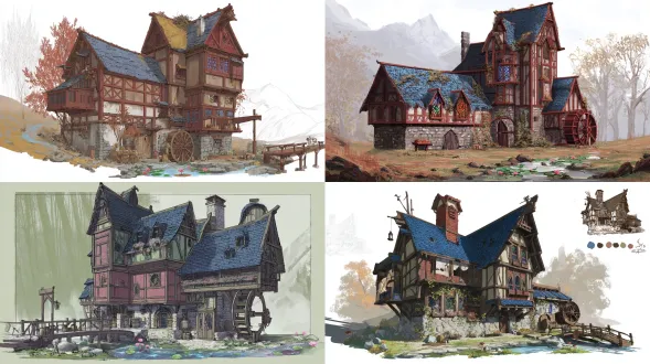 场景房屋建筑原画，奇幻复古半木结构复合建筑集群，3层错层石砌基座与橡木框架，红陶砖与风化木板混砌外墙，青灰石板与茅草坡顶，悬挑阁楼彩色菱形玻璃窗，侧连木质齿轮外露水车工坊，后接挂干草捆谷仓，雕花木门铜质门环，窗边干香草铸铁工具，爬藤常春藤牵牛花花瀑，屋顶鸟巢暖烟苔藓旧陶罐野菊，古老橡树林边缘，溪流睡莲鹅卵石浅滩，老旧木栈桥磨损木板，蕨类毒蘑菇浆果丛，远处雪山轮廓，阳光斜照晨雾弥漫，广角镜头，高细节渲染，暖冷色调对比，自然光漫反射，静谧奇幻氛围，油画质感笔触