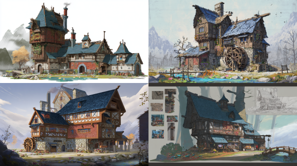 场景房屋建筑原画，奇幻复古半木结构复合建筑集群，3层错层石砌基座与橡木框架，红陶砖与风化木板混砌外墙，青灰石板与茅草坡顶，悬挑阁楼彩色菱形玻璃窗，侧连木质齿轮外露水车工坊，后接挂干草捆谷仓，雕花木门铜质门环，窗边干香草铸铁工具，爬藤常春藤牵牛花花瀑，屋顶鸟巢暖烟苔藓旧陶罐野菊，古老橡树林边缘，溪流睡莲鹅卵石浅滩，老旧木栈桥磨损木板，蕨类毒蘑菇浆果丛，远处雪山轮廓，阳光斜照晨雾弥漫，广角镜头，高细节渲染，暖冷色调对比，自然光漫反射，静谧奇幻氛围，油画质感笔触