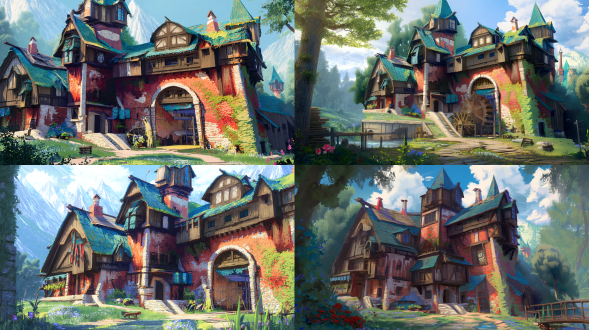 场景房屋建筑原画，奇幻复古半木结构复合建筑集群，3层错层石砌基座与橡木框架，红陶砖与风化木板混砌外墙，青灰石板与茅草坡顶，悬挑阁楼彩色菱形玻璃窗，侧连木质齿轮外露水车工坊，后接挂干草捆谷仓，雕花木门铜质门环，窗边干香草铸铁工具，爬藤常春藤牵牛花花瀑，屋顶鸟巢暖烟苔藓旧陶罐野菊，古老橡树林边缘，溪流睡莲鹅卵石浅滩，老旧木栈桥磨损木板，蕨类毒蘑菇浆果丛，远处雪山轮廓，阳光斜照晨雾弥漫，广角镜头，高细节渲染，暖冷色调对比，自然光漫反射，静谧奇幻氛围，油画质感笔触