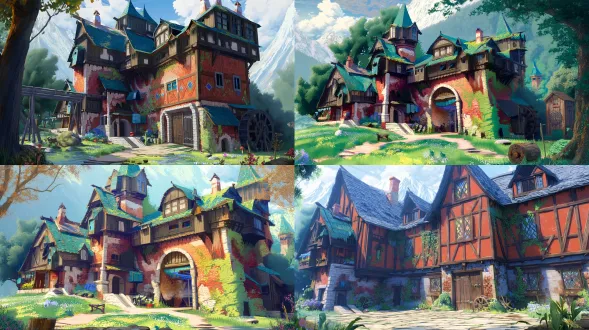 场景房屋建筑原画，奇幻复古半木结构复合建筑集群，3层错层石砌基座与橡木框架，红陶砖与风化木板混砌外墙，青灰石板与茅草坡顶，悬挑阁楼彩色菱形玻璃窗，侧连木质齿轮外露水车工坊，后接挂干草捆谷仓，雕花木门铜质门环，窗边干香草铸铁工具，爬藤常春藤牵牛花花瀑，屋顶鸟巢暖烟苔藓旧陶罐野菊，古老橡树林边缘，溪流睡莲鹅卵石浅滩，老旧木栈桥磨损木板，蕨类毒蘑菇浆果丛，远处雪山轮廓，阳光斜照晨雾弥漫，广角镜头，高细节渲染，暖冷色调对比，自然光漫反射，静谧奇幻氛围，油画质感笔触