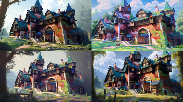 场景房屋建筑原画，奇幻复古半木结构复合建筑集群，3层错层石砌基座与橡木框架，红陶砖与风化木板混砌外墙，青灰石板与茅草坡顶，悬挑阁楼彩色菱形玻璃窗，侧连木质齿轮外露水车工坊，后接挂干草捆谷仓，雕花木门铜质门环，窗边干香草铸铁工具，爬藤常春藤牵牛花花瀑，屋顶鸟巢暖烟苔藓旧陶罐野菊，古老橡树林边缘，溪流睡莲鹅卵石浅滩，老旧木栈桥磨损木板，蕨类毒蘑菇浆果丛，远处雪山轮廓，阳光斜照晨雾弥漫，广角镜头，高细节渲染，暖冷色调对比，自然光漫反射，静谧奇幻氛围，油画质感笔触