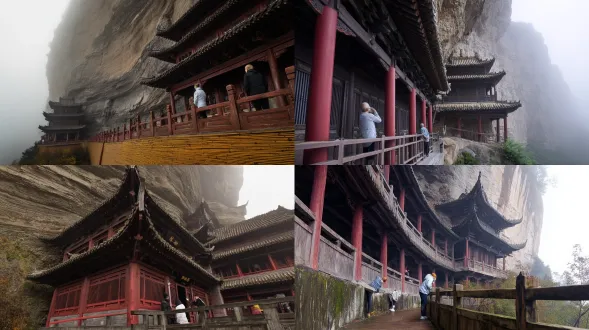 chinese ancient architecture, xuankong temple, low-angle upward view, rule of thirds composition, upper 1/3 is misty dark gray hengshan mountain, middle 2/3 is the main building, lower 1/3 is plank road and figures, three-story wooden pavilion, vermilion pillars embedded in cliff, black curved eaves, light brown wooden plank road with visible mortise and tenon joints, dark gray + ochre cliff with rock textures and moss, light gray-blue mist partially covering the base, two ancient-style tourists (one standing and looking far, one leaning on railing), plain white + light blue clothing, color palette: cool tones (gray-blue, ochre, warm brown, medium-saturation vermilion, dark green shrubs), detailed wood grain on pillars, roof tile patterns, cliff cracks, soft mist edges, sense of depth, steep yet serene, fairy mountain ancient temple atmosphere, chinese traditional painting style, 8k, ultra-detailed, photorealistic, cinematic lighting