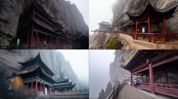 chinese ancient architecture, xuankong temple, low-angle upward view, rule of thirds composition, upper 1/3 is misty dark gray hengshan mountain, middle 2/3 is the main building, lower 1/3 is plank road and figures, three-story wooden pavilion, vermilion pillars embedded in cliff, black curved eaves, light brown wooden plank road with visible mortise and tenon joints, dark gray + ochre cliff with rock textures and moss, light gray-blue mist partially covering the base, two ancient-style tourists (one standing and looking far, one leaning on railing), plain white + light blue clothing, color palette: cool tones (gray-blue, ochre, warm brown, medium-saturation vermilion, dark green shrubs), detailed wood grain on pillars, roof tile patterns, cliff cracks, soft mist edges, sense of depth, steep yet serene, fairy mountain ancient temple atmosphere, chinese traditional painting style, 8k, ultra-detailed, photorealistic, cinematic lighting