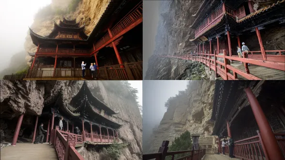 chinese ancient architecture, xuankong temple, low-angle upward view, rule of thirds composition, upper 1/3 is misty dark gray hengshan mountain, middle 2/3 is the main building, lower 1/3 is plank road and figures, three-story wooden pavilion, vermilion pillars embedded in cliff, black curved eaves, light brown wooden plank road with visible mortise and tenon joints, dark gray + ochre cliff with rock textures and moss, light gray-blue mist partially covering the base, two ancient-style tourists (one standing and looking far, one leaning on railing), plain white + light blue clothing, color palette: cool tones (gray-blue, ochre, warm brown, medium-saturation vermilion, dark green shrubs), detailed wood grain on pillars, roof tile patterns, cliff cracks, soft mist edges, sense of depth, steep yet serene, fairy mountain ancient temple atmosphere, chinese traditional painting style, 8k, ultra-detailed, photorealistic, cinematic lighting