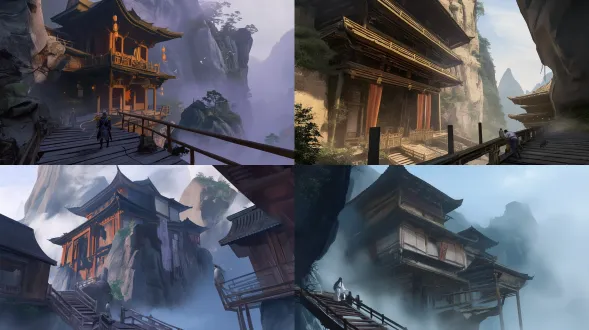 chinese ancient architecture, xuankong temple, low-angle upward view, rule of thirds composition, upper 1/3 is misty dark gray hengshan mountain, middle 2/3 is the main building, lower 1/3 is plank road and figures, three-story wooden pavilion, vermilion pillars embedded in cliff, black curved eaves, light brown wooden plank road with visible mortise and tenon joints, dark gray + ochre cliff with rock textures and moss, light gray-blue mist partially covering the base, two ancient-style tourists (one standing and looking far, one leaning on railing), plain white + light blue clothing, color palette: cool tones (gray-blue, ochre, warm brown, medium-saturation vermilion, dark green shrubs), detailed wood grain on pillars, roof tile patterns, cliff cracks, soft mist edges, sense of depth, steep yet serene, fairy mountain ancient temple atmosphere, chinese traditional painting style, 8k, ultra-detailed, photorealistic, cinematic lighting