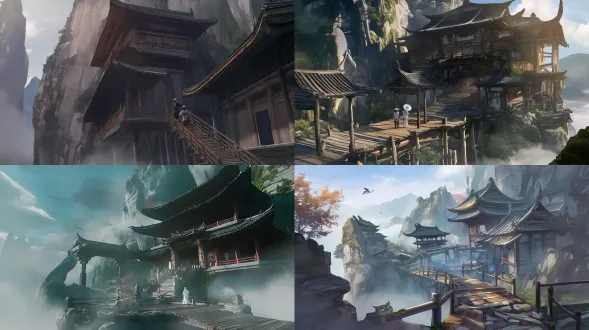 chinese ancient architecture, xuankong temple, low-angle upward view, rule of thirds composition, upper 1/3 is misty dark gray hengshan mountain, middle 2/3 is the main building, lower 1/3 is plank road and figures, three-story wooden pavilion, vermilion pillars embedded in cliff, black curved eaves, light brown wooden plank road with visible mortise and tenon joints, dark gray + ochre cliff with rock textures and moss, light gray-blue mist partially covering the base, two ancient-style tourists (one standing and looking far, one leaning on railing), plain white + light blue clothing, color palette: cool tones (gray-blue, ochre, warm brown, medium-saturation vermilion, dark green shrubs), detailed wood grain on pillars, roof tile patterns, cliff cracks, soft mist edges, sense of depth, steep yet serene, fairy mountain ancient temple atmosphere, chinese traditional painting style, 8k, ultra-detailed, photorealistic, cinematic lighting