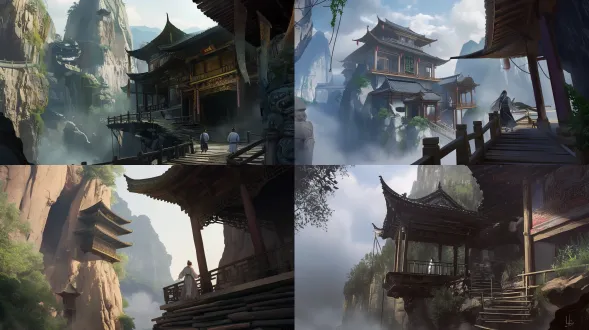 chinese ancient architecture, xuankong temple, low-angle upward view, rule of thirds composition, upper 1/3 is misty dark gray hengshan mountain, middle 2/3 is the main building, lower 1/3 is plank road and figures, three-story wooden pavilion, vermilion pillars embedded in cliff, black curved eaves, light brown wooden plank road with visible mortise and tenon joints, dark gray + ochre cliff with rock textures and moss, light gray-blue mist partially covering the base, two ancient-style tourists (one standing and looking far, one leaning on railing), plain white + light blue clothing, color palette: cool tones (gray-blue, ochre, warm brown, medium-saturation vermilion, dark green shrubs), detailed wood grain on pillars, roof tile patterns, cliff cracks, soft mist edges, sense of depth, steep yet serene, fairy mountain ancient temple atmosphere, chinese traditional painting style, 8k, ultra-detailed, photorealistic, cinematic lighting