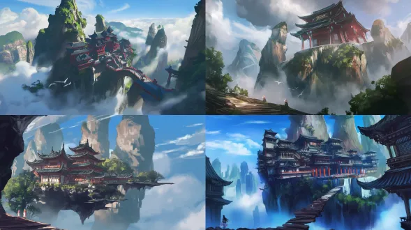 epic anime style, chinese ancient architecture, xuankong temple clinging to a towering cliff, extreme low-angle upward view, rule of thirds, upper 1/3 is misty dark gray hengshan mountain (epic scale, jagged peaks piercing clouds), middle 2/3 is the main building with vermilion pillars embedded in precipice, black curved eaves with sharp angles, light brown wooden plank road (visible mortise and tenon joints, smooth line art), dark gray + ochre cliff (rugged rock textures, cel-shaded shadows), swirling light gray-blue mist (volumetric, glowing edges) surrounding the base, two tiny ancient-style tourists (plain white + light blue robes, simple character design) to highlight grandeur, color palette: vibrant yet dramatic cool tones (deep gray-blue, rich ochre, warm brown, saturated vermilion, dark green shrubs), clean smooth line art, detailed wood grain/roof tile patterns/cliff cracks, dramatic ray of sunlight piercing mist, immense depth, steep and sacred, epic fairy mountain ancient temple atmosphere, studio ghibli inspired, cel-shaded, hand-painted animation, 8k, ultra-detailed, cinematic lighting, fantasy anime aesthetics