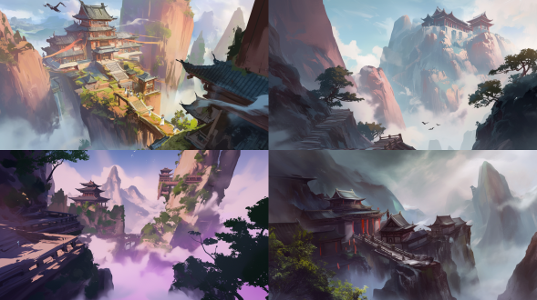 epic anime illustration, chinese ancient architecture, xuankong temple clinging to a towering jagged cliff, extreme low-angle upward view, rule of thirds, upper 1/3 is misty dark gray hengshan mountain (epic scale, peaks piercing clouds with soft gradient colors), middle 2/3 is the main building with vermilion pillars embedded in precipice (vibrant vermilion gradient, detailed wood grain with hand-drawn texture), black curved eaves with sharp angles (thick outline, subtle color blending), light brown wooden plank road (visible mortise and tenon joints, fine line art, warm brown gradient), dark gray + ochre cliff (rugged rock textures with sketchy brush strokes, cel-shaded shadows with gradient transitions), swirling light gray-blue mist (ethereal watercolor wash effect, glowing edges with color gradient), two tiny ancient-style tourists (simple yet distinctive design, plain white + light blue robes with soft folds, expressive faces), color palette: vibrant and dramatic cool tones (deep gray-blue gradient, rich ochre, warm brown, saturated vermilion, dark green shrubs with leaf texture), detailed line art with clean outlines, roof tile patterns/cliff cracks rendered in fine strokes, dramatic ray of sunlight piercing mist (glowing golden gradient), immense depth with layered composition, steep and sacred, epic fairy mountain ancient temple atmosphere, digital painting, hand-drawn texture, highly detailed, 8k, cinematic lighting, fantasy anime illustration aesthetics
