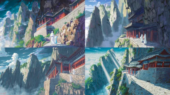 epic anime illustration, chinese ancient architecture, xuankong temple clinging to a towering jagged cliff, extreme low-angle upward view, rule of thirds, upper 1/3 is misty dark gray hengshan mountain (epic scale, peaks piercing clouds with soft gradient colors), middle 2/3 is the main building with vermilion pillars embedded in precipice (vibrant vermilion gradient, detailed wood grain with hand-drawn texture), black curved eaves with sharp angles (thick outline, subtle color blending), light brown wooden plank road (visible mortise and tenon joints, fine line art, warm brown gradient), dark gray + ochre cliff (rugged rock textures with sketchy brush strokes, cel-shaded shadows with gradient transitions), swirling light gray-blue mist (ethereal watercolor wash effect, glowing edges with color gradient), two tiny ancient-style tourists (simple yet distinctive design, plain white + light blue robes with soft folds, expressive faces), color palette: vibrant and dramatic cool tones (deep gray-blue gradient, rich ochre, warm brown, saturated vermilion, dark green shrubs with leaf texture), detailed line art with clean outlines, roof tile patterns/cliff cracks rendered in fine strokes, dramatic ray of sunlight piercing mist (glowing golden gradient), immense depth with layered composition, steep and sacred, epic fairy mountain ancient temple atmosphere, digital painting, hand-drawn texture, highly detailed, 8k, cinematic lighting, fantasy anime illustration aesthetics