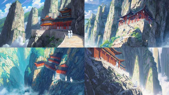 epic anime illustration, chinese ancient architecture, xuankong temple clinging to a towering jagged cliff, extreme low-angle upward view, rule of thirds, upper 1/3 is misty dark gray hengshan mountain (epic scale, peaks piercing clouds with soft gradient colors), middle 2/3 is the main building with vermilion pillars embedded in precipice (vibrant vermilion gradient, detailed wood grain with hand-drawn texture), black curved eaves with sharp angles (thick outline, subtle color blending), light brown wooden plank road (visible mortise and tenon joints, fine line art, warm brown gradient), dark gray + ochre cliff (rugged rock textures with sketchy brush strokes, cel-shaded shadows with gradient transitions), swirling light gray-blue mist (ethereal watercolor wash effect, glowing edges with color gradient), two tiny ancient-style tourists (simple yet distinctive design, plain white + light blue robes with soft folds, expressive faces), color palette: vibrant and dramatic cool tones (deep gray-blue gradient, rich ochre, warm brown, saturated vermilion, dark green shrubs with leaf texture), detailed line art with clean outlines, roof tile patterns/cliff cracks rendered in fine strokes, dramatic ray of sunlight piercing mist (glowing golden gradient), immense depth with layered composition, steep and sacred, epic fairy mountain ancient temple atmosphere, digital painting, hand-drawn texture, highly detailed, 8k, cinematic lighting, fantasy anime illustration aesthetics