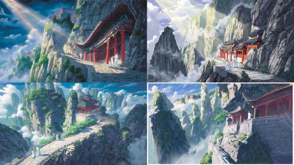 epic anime illustration, chinese ancient architecture, xuankong temple clinging to a towering jagged cliff, extreme low-angle upward view, rule of thirds, upper 1/3 is misty dark gray hengshan mountain (epic scale, peaks piercing clouds with soft gradient colors), middle 2/3 is the main building with vermilion pillars embedded in precipice (vibrant vermilion gradient, detailed wood grain with hand-drawn texture), black curved eaves with sharp angles (thick outline, subtle color blending), light brown wooden plank road (visible mortise and tenon joints, fine line art, warm brown gradient), dark gray + ochre cliff (rugged rock textures with sketchy brush strokes, cel-shaded shadows with gradient transitions), swirling light gray-blue mist (ethereal watercolor wash effect, glowing edges with color gradient), two tiny ancient-style tourists (simple yet distinctive design, plain white + light blue robes with soft folds, expressive faces), color palette: vibrant and dramatic cool tones (deep gray-blue gradient, rich ochre, warm brown, saturated vermilion, dark green shrubs with leaf texture), detailed line art with clean outlines, roof tile patterns/cliff cracks rendered in fine strokes, dramatic ray of sunlight piercing mist (glowing golden gradient), immense depth with layered composition, steep and sacred, epic fairy mountain ancient temple atmosphere, digital painting, hand-drawn texture, highly detailed, 8k, cinematic lighting, fantasy anime illustration aesthetics