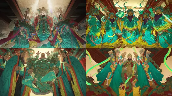 epic anime illustration, chinese ancient mural, yongle palace chaoyuan painting, medium close-up with wide angle, symmetrical composition, 3 main gods (jade emperor/three pure ones) as centerpiece (grand scale, majestic posture), surrounded by 4 attendants, main gods in rich cyan-green dragon robes (intricate dragon embroidery with fine line art, cyan-green gradient folds, glowing highlights), elaborate crowns (pearl strings with light reflection, gold foil gradient), plump and solemn faces (soft anime facial features, gentle expression lines, detailed eyes), iron wire brush strokes reimagined in anime style (smooth and precise line art, varying line thickness), attendants holding jade tablets/streamers/fans (vibrant costumes: vermilion/bright yellow/moon white with color blending), humble postures, dark brown temple beams (intricate dougong brackets with hand-drawn texture, warm brown gradient), light beige walls with subtle patina (soft brush strokes, light gradient), dramatic lighting slanting from top right (glowing highlights on robes, gradient shadows), color palette: saturated traditional mineral colors (cyan-green, cinnabar, stone yellow) with anime illustration vibrancy, thick lines for main gods, thin lines for attendants, sacred and grand, epic yuan dynasty mural reimagined in anime, digital painting, highly detailed line art, 8k, ultra-detailed, cinematic composition, fantasy religious anime illustration