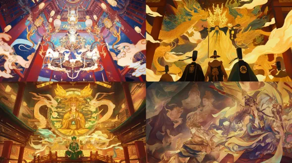 epic anime illustration, chinese ancient mural, yongle palace chaoyuan painting, medium close-up with wide angle, symmetrical composition, 3 main gods (jade emperor/three pure ones) as centerpiece (grand scale, majestic posture), surrounded by 4 attendants, main gods in rich cyan-green dragon robes (intricate dragon embroidery with fine line art, cyan-green gradient folds, glowing highlights), elaborate crowns (pearl strings with light reflection, gold foil gradient), plump and solemn faces (soft anime facial features, gentle expression lines, detailed eyes), iron wire brush strokes reimagined in anime style (smooth and precise line art, varying line thickness), attendants holding jade tablets/streamers/fans (vibrant costumes: vermilion/bright yellow/moon white with color blending), humble postures, dark brown temple beams (intricate dougong brackets with hand-drawn texture, warm brown gradient), light beige walls with subtle patina (soft brush strokes, light gradient), dramatic lighting slanting from top right (glowing highlights on robes, gradient shadows), color palette: saturated traditional mineral colors (cyan-green, cinnabar, stone yellow) with anime illustration vibrancy, thick lines for main gods, thin lines for attendants, sacred and grand, epic yuan dynasty mural reimagined in anime, digital painting, highly detailed line art, 8k, ultra-detailed, cinematic composition, fantasy religious anime illustration