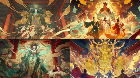 epic anime illustration, chinese ancient mural, yongle palace chaoyuan painting, medium close-up with wide angle, symmetrical composition, 3 main gods (jade emperor/three pure ones) as centerpiece (grand scale, majestic posture), surrounded by 4 attendants, main gods in rich cyan-green dragon robes (intricate dragon embroidery with fine line art, cyan-green gradient folds, glowing highlights), elaborate crowns (pearl strings with light reflection, gold foil gradient), plump and solemn faces (soft anime facial features, gentle expression lines, detailed eyes), iron wire brush strokes reimagined in anime style (smooth and precise line art, varying line thickness), attendants holding jade tablets/streamers/fans (vibrant costumes: vermilion/bright yellow/moon white with color blending), humble postures, dark brown temple beams (intricate dougong brackets with hand-drawn texture, warm brown gradient), light beige walls with subtle patina (soft brush strokes, light gradient), dramatic lighting slanting from top right (glowing highlights on robes, gradient shadows), color palette: saturated traditional mineral colors (cyan-green, cinnabar, stone yellow) with anime illustration vibrancy, thick lines for main gods, thin lines for attendants, sacred and grand, epic yuan dynasty mural reimagined in anime, digital painting, highly detailed line art, 8k, ultra-detailed, cinematic composition, fantasy religious anime illustration
